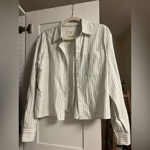 UNIQLO Striped Button-Up Shirt White with Thin Gray & Green Stripes